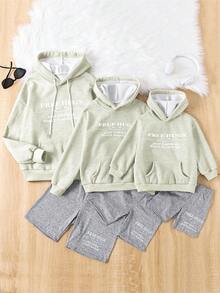 SHEIN Tween Girls' Letter Printed Hooded Long Sleeve Sweatshirt And Shorts Set - Grey - View 6