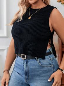 Calvaya Plus Size Knitted Short Top With Side Strap Detail - Black - View 7