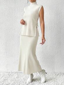 SHEIN Privé Của phụ nữ Một nửa Áo cao cổ Bên Buộc Không tay Áo len Và Dệt kim Bộ váy - Màu be - Xem 3