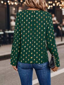 SHEIN LUNE Women's Polka Dot Print Shirt With Rolled Cuff And Golden Foil Detail - Green - View 2