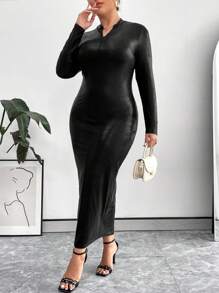 SHEIN Privé Women's Plus Size Spring Black V-Neck Slit PU Crocodile Pattern Long Sleeve Dress - Black - View 3