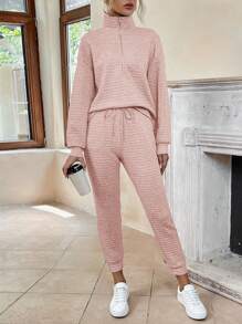 SHEIN LUNE Half Zip Drop Shoulder Sweatshirt & Sweatpants - Dusty Pink - View 1
