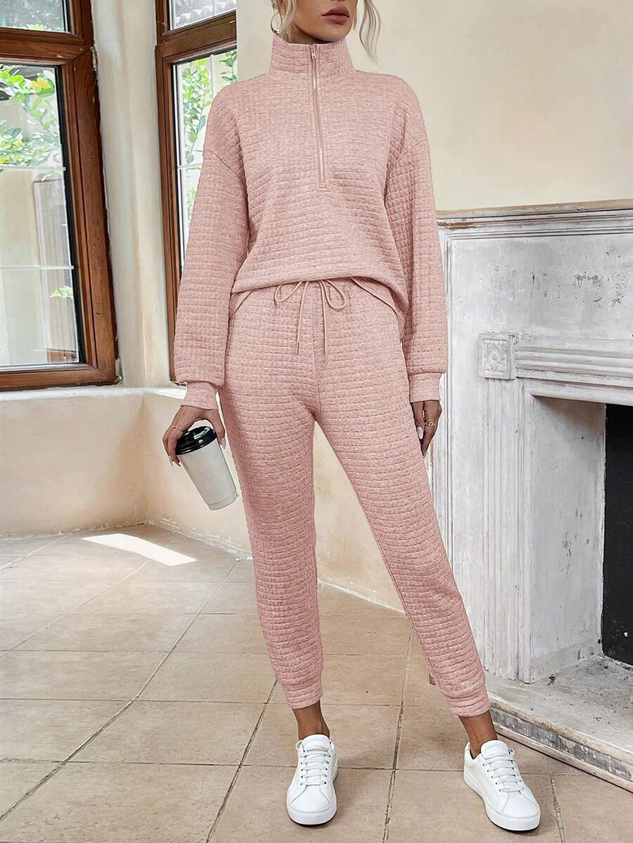 SHEIN LUNE Half Zip Drop Shoulder Sweatshirt & Sweatpants - Dusty Pink - View 1