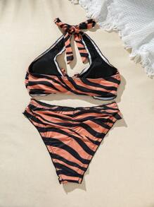 SHEIN Swim 虎纹吊带扭纹设计比基尼套装夏季海滩 - 橘色 - 查看 2