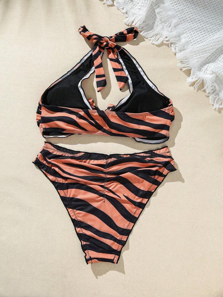 SHEIN Swim 虎纹吊带扭纹设计比基尼套装夏季海滩 - 橘色 - 查看 2