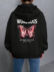 SHEIN PETITE Butterfly & Slogan Graphic Drop Shoulder Hoodie - Black - View 2