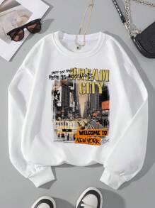 SHEIN EZwear 女士街景圖案絨毛衛衣 - 白色 - 查看 1