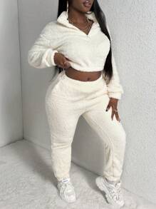 Slaydiva Women'S Fluffy Drop Shoulder Hoodie And Sweatpants Set - White - View 5