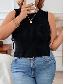 Calvaya Plus Size Knitted Short Top With Side Strap Detail - Black - View 3