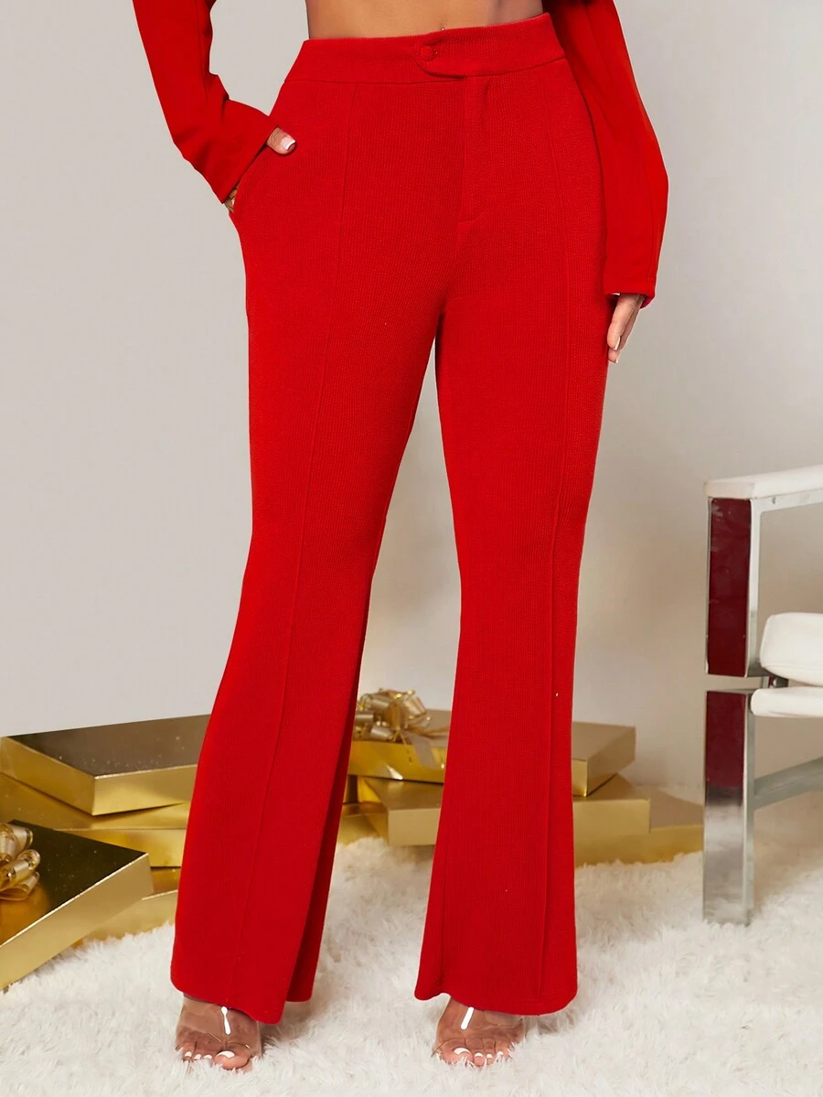 SHEIN SXY Pantalones de traje con abertura en el bajo y pierna acampanada, ideales para fiestas de Año Nuevo y Navidad sexy - Rojo - Ver 1