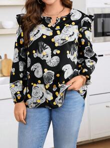 Calvaya Plus Size Women's Polka Dot Print Notched Collar Blouse - Multicolor - View 3