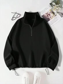 Black Drawstring Hooded Sweatshirt With Half Zipper, Plus Size - Black - View 1
