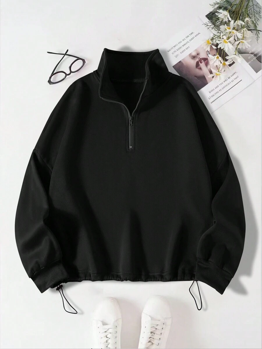Black Drawstring Hooded Sweatshirt With Half Zipper, Plus Size - Black - View 1