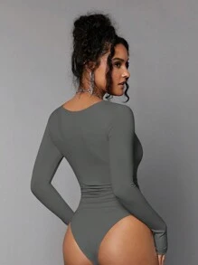 Silquee Ladies' Solid Color Slim Fit Bodysuit With Square Neckline - Dark Grey - View 2