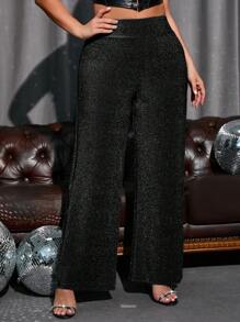 SHEIN Privé Plus Size Women's Elegant Sequin Party Women's Sparkle Pants