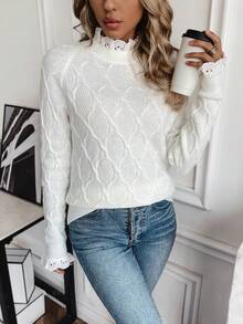 SHEIN Privé Màu thuần Trang trí ren Áo len dệt kim - trắng - Xem 4