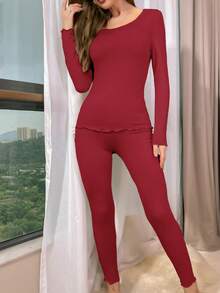 女式純色奶絲保暖內衣套裝,帶有蝕邊設計 - 酒紅色 - 查看 5