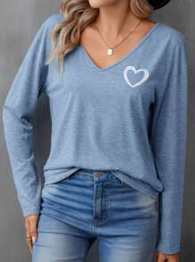 SHEIN LUNE 女款心形印花v領t恤 - 藍色 - 查看 6