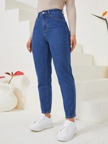 SHEIN EZwear 女性胡蘿蔔切牛仔褲 - 中等水洗藍 - 查看 2