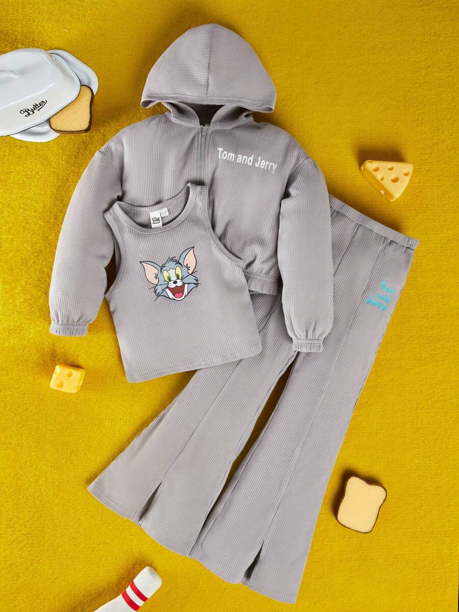 TOM & JERRY X SHEIN Tween Girls' Cartoon Pattern Hoodie & Vest & Pants Set - Grey - View 1