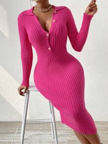 SHEIN Slayr Lapel Button Down Long Dress - Hot Pink - View 3
