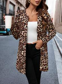 SHEIN Clasi Abrigo con estampado de leopardo de manga gigot con parte delantera abierta - Multicolor - Ver 3