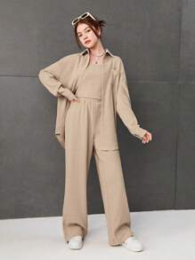 SHEIN Leap Crew Cô gái Dệt Màu thuần Bong bóng Nếp gấp Áo sơ mi , Áo vest Và Quần Bộ - Màu be - Xem 6