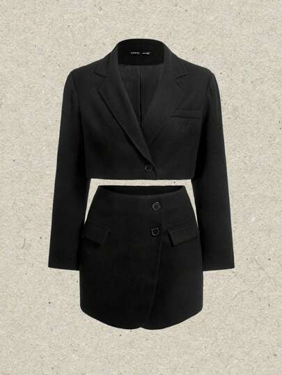 SHEIN EZwear Lapel Neck Single Button Blazer & Skirt
