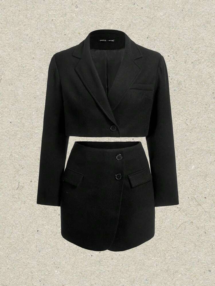 Lapel Neck Single Button Blazer & Skirt