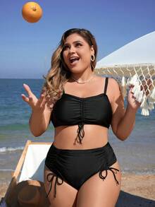 SHEIN Swim Curve 大码女式褶饰吊带比基尼套装夏季海滩 - 黑色 - 查看 5