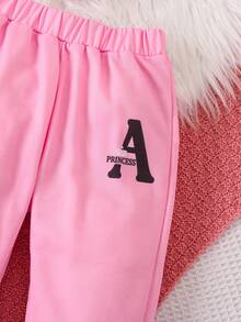 SHEIN Nhỏ bé Cô gái In thư Áo nỉ Và Quần thể thao Bộ - Hồng - Xem 5