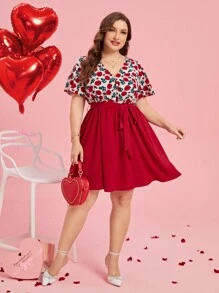 SHEIN Clasi Plus Size Floral Print Dress With Ruffle Sleeves And Waist Belt Red Women Dress - Multicolor - View 3
