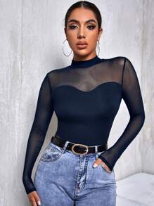 SHEIN Privé 女士立領透明網眼上衣 - 藏蓝色 - 查看 1