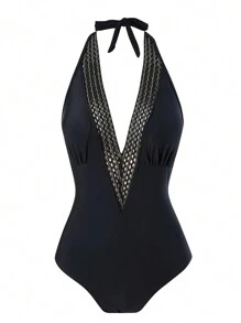 SHEIN Swim 女士露背單肩式一件泳衣 - 黑色 - 查看 3