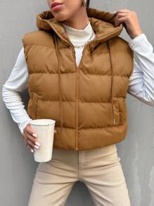 SHEIN Cottnline Zip Up Drawstring Hooded Puffer Vest Coat - Khaki - View 5