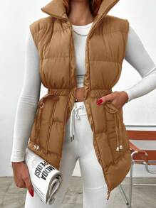 EURMUSE Zip Up Flap Pocket Vest Padded Coat - Camel - View 6