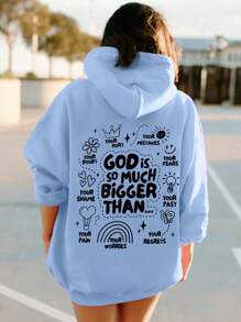 SHEIN EZwear Của phụ nữ Hoạt hình In áo có mũ Lông cừu Áo nỉ Với Trở lại Thiết kế - Màu xanh nhạt - Xem 1