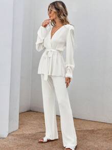 EURMUSE 100%Cotton Solid Drop Shoulder Belted Top & Pants Casual Sets - Apricot - View 3