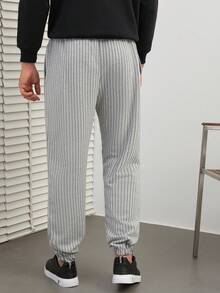 RueChic Men's Striped Drawstring Waist Long Pants - Grey - View 2