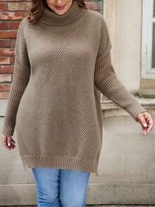 SHEIN LUNE Viền chia cắt Áo chui đầu Áo len - màu nâu - Xem 4