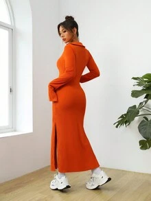 SHEIN EZwear 純色高側面開襠緊身連衣裙 - 橘色 - 查看 3