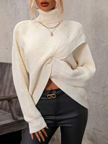 SHEIN LUNE 不对称下摆高领针织套头衫秋冬毛衣 - 米色 - 查看 6