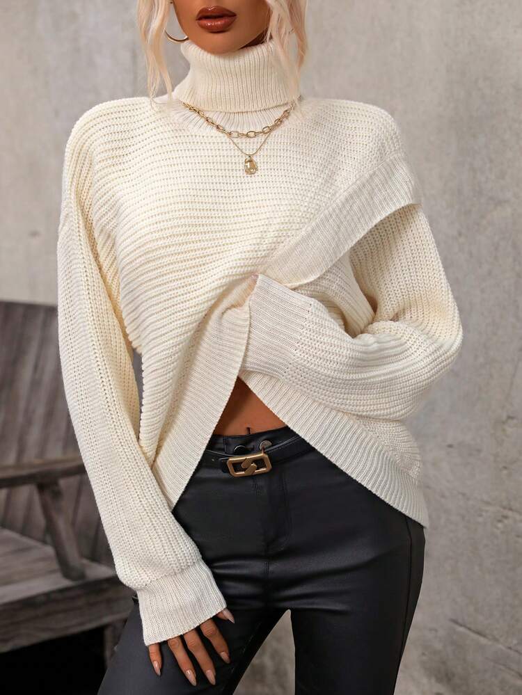 Asymmetric Hem High Neck Knit Pullover Fall Winter Sweater
