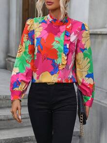 SHEIN VCAY 女款花卉印花泡泡袖襯衫 - 彩色 - 查看 4