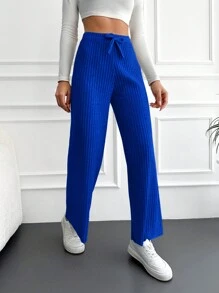 RueChic Solid Knot Waist Straight Leg Pants - Blue - View 4