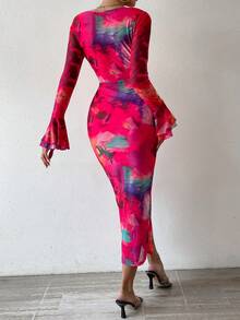 SHEIN Privé In toàn bộ Cổ chữ V Có nút & Self-Tie Thắt lưng & Khe Chi tiết Tay áo dài Đầm - Đỏ - Xem 3