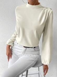 SHEIN Privé This Week Bishop Sleeve Mock Neck Blouse - Apricot - View 5
