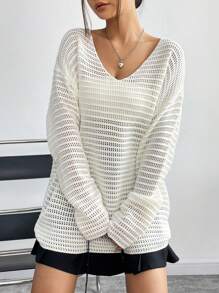 SHEIN Unity Drop Shoulder Pointelle Knit Pullover Fall Winter Sweater - Beige - View 5