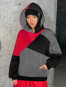 SHEIN EZwear 不对称拼接女式连帽运动衫 - 黑色 - 查看 3