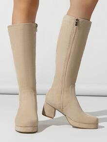 时尚高筒及膝靴，方头，侧拉链，防水厚底，时尚优雅，适合女性 - 杏色 - 查看 5